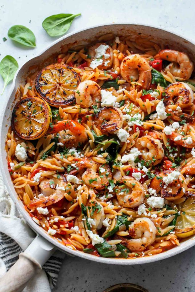 One Pot Harissa Shrimp and Feta Orzo