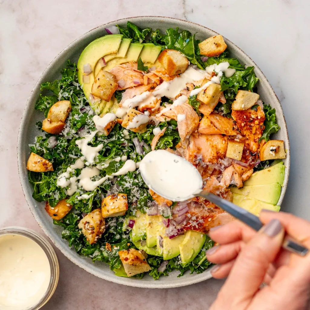 Salmon Kale Salad with Greek Yogurt Caesar Dressing