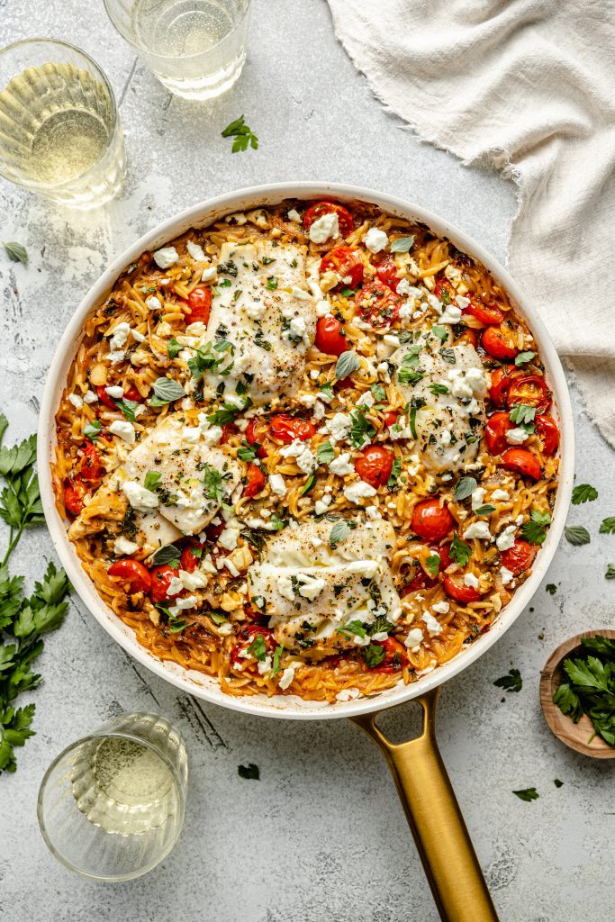 Skillet Orzo and Feta Fish