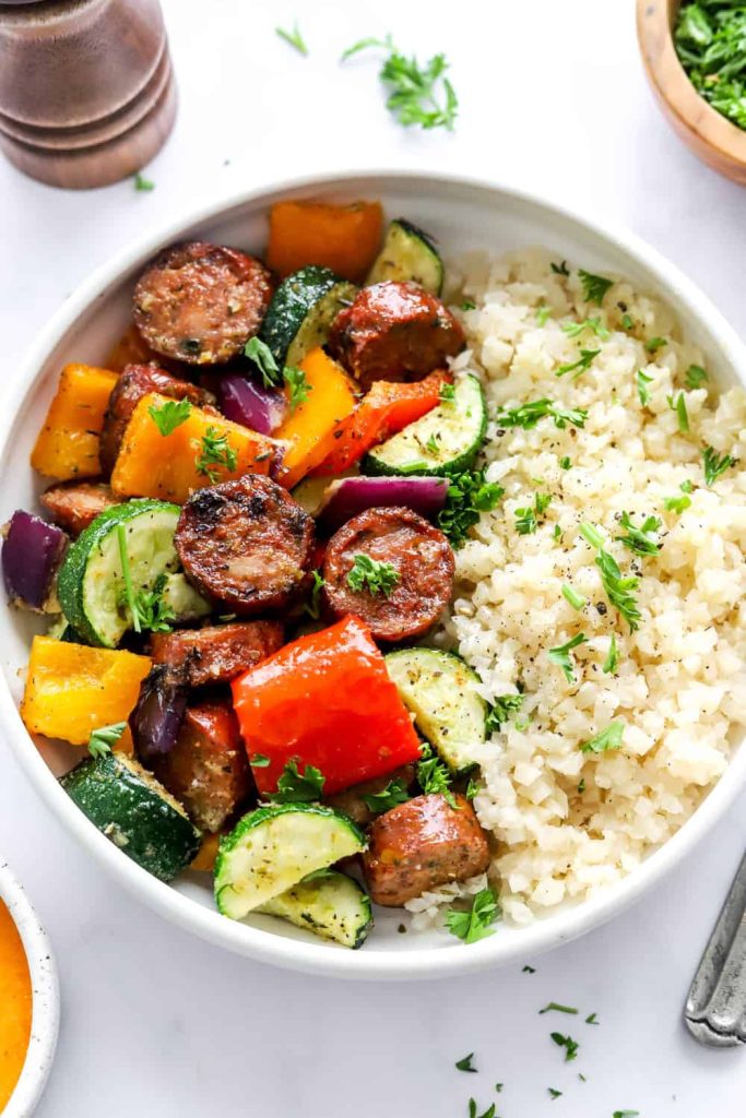10 Minute Air Fryer Chicken Sausage and Veggies