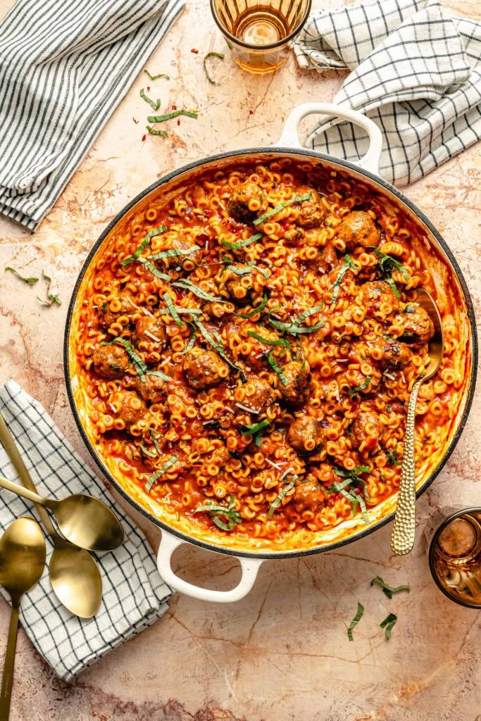 One-Pot Spaghetti-O’s with Mini Meatballs