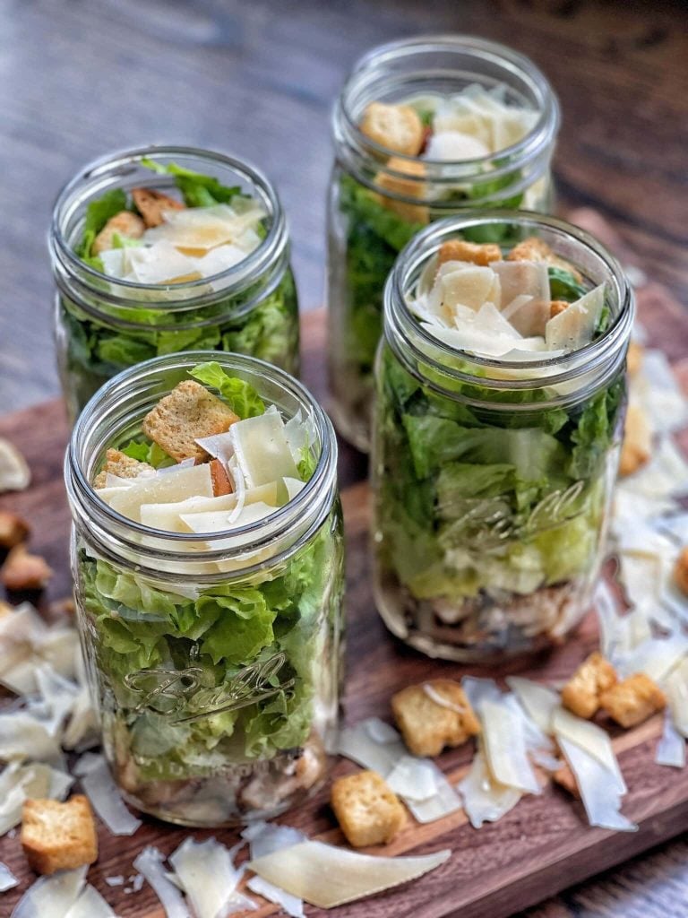 Shortcut Grilled Chicken Caesar Mason Jar Salads