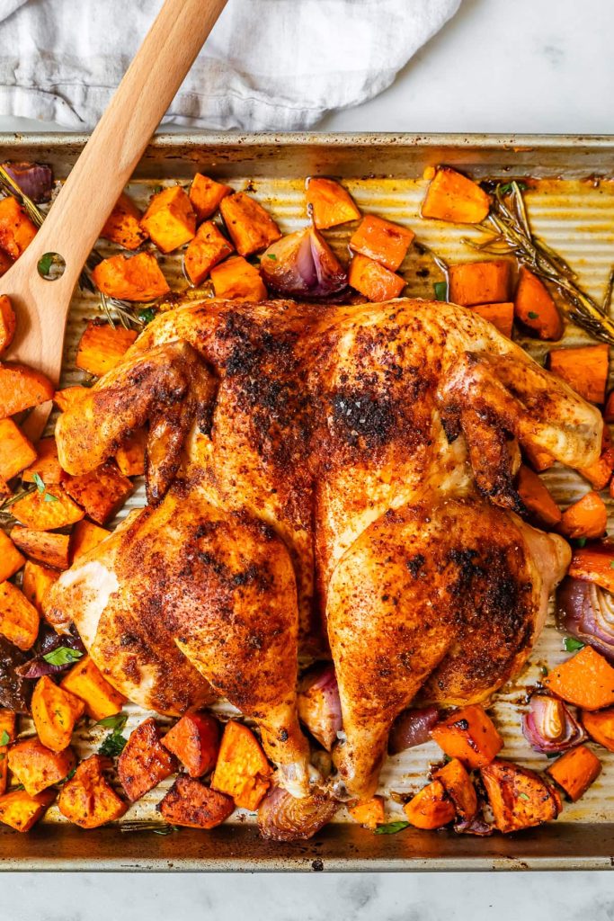 Spatchcock Chicken with Sweet Potatoes