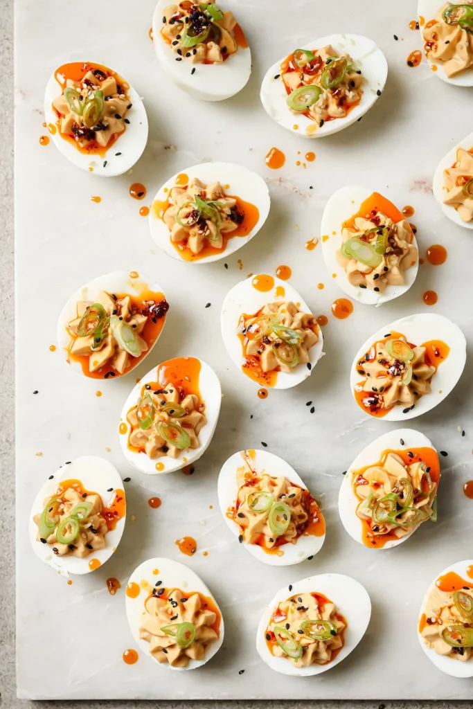 Miso-Sesame Deviled Eggs with Chili Oil & Scallions