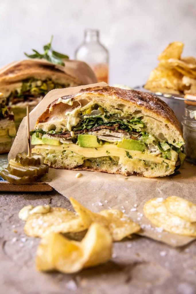 Picnic Style Pesto Turkey and Avocado Bacon Sandwich