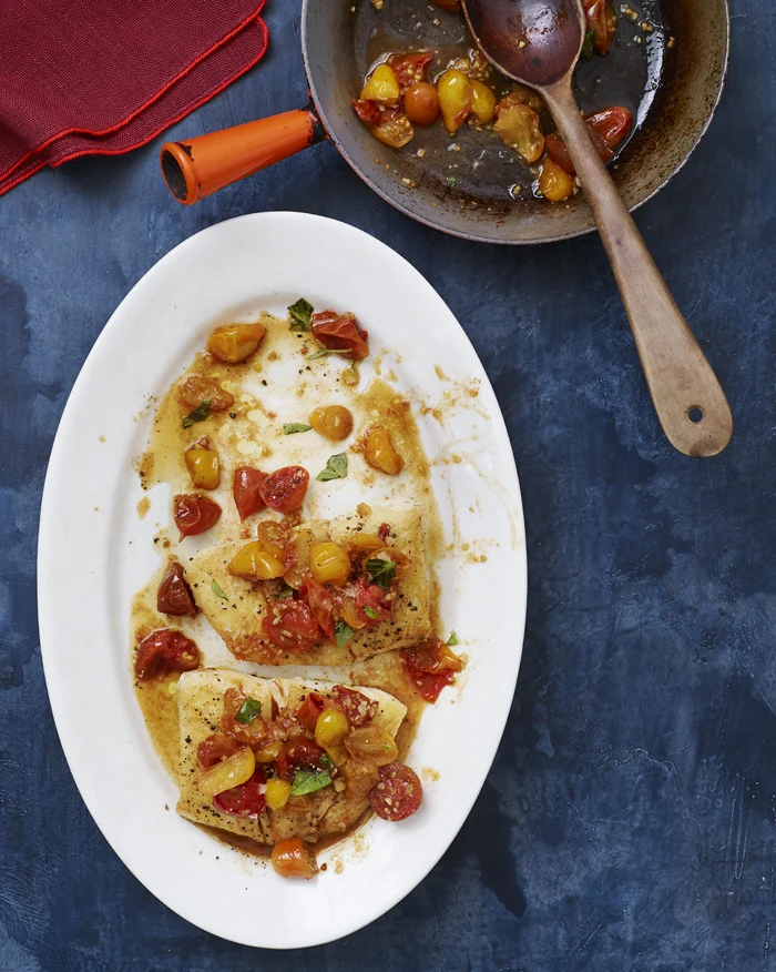 Pan-Seared Halibut with Cherry Tomatoes