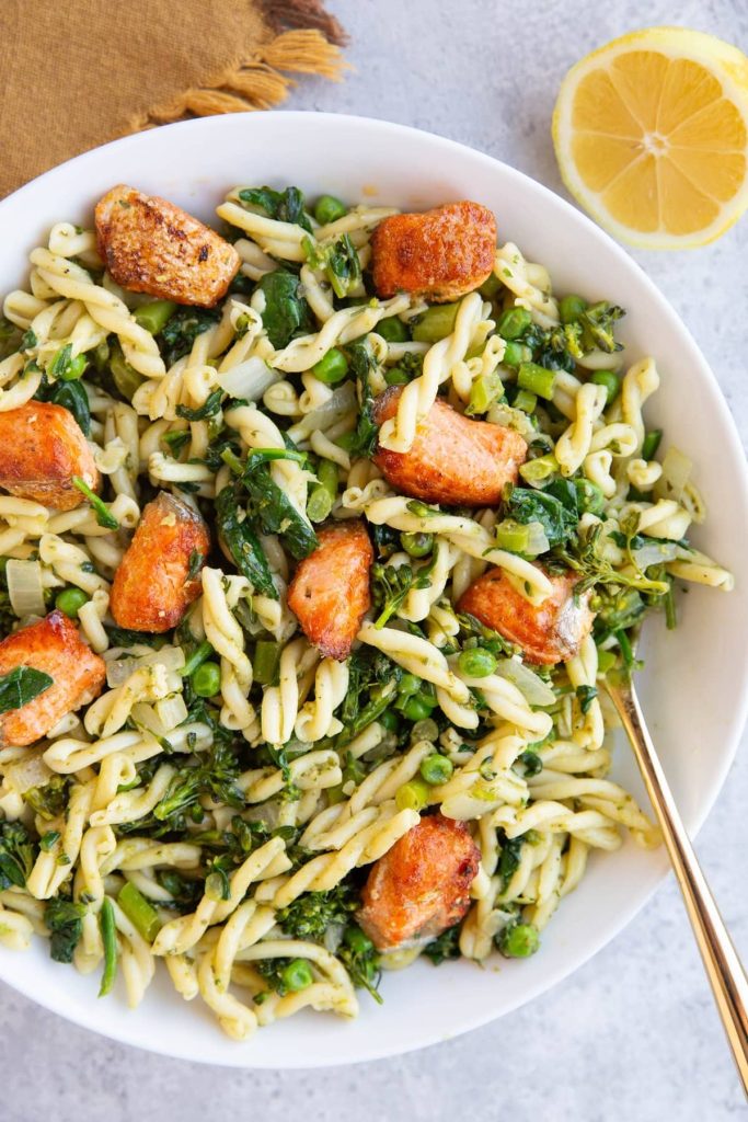 Veggie-Packed Salmon Pesto Pasta