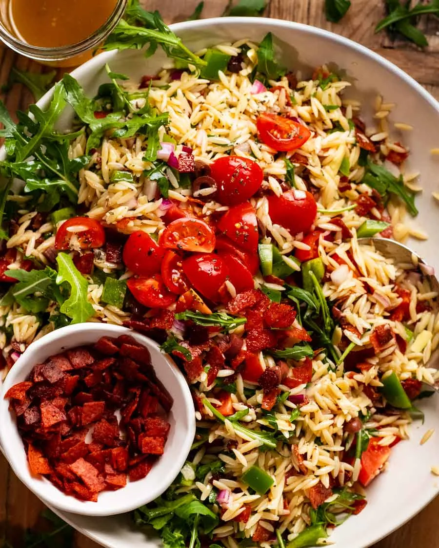 Italian Orzo Salad with Crispy Salami Bits