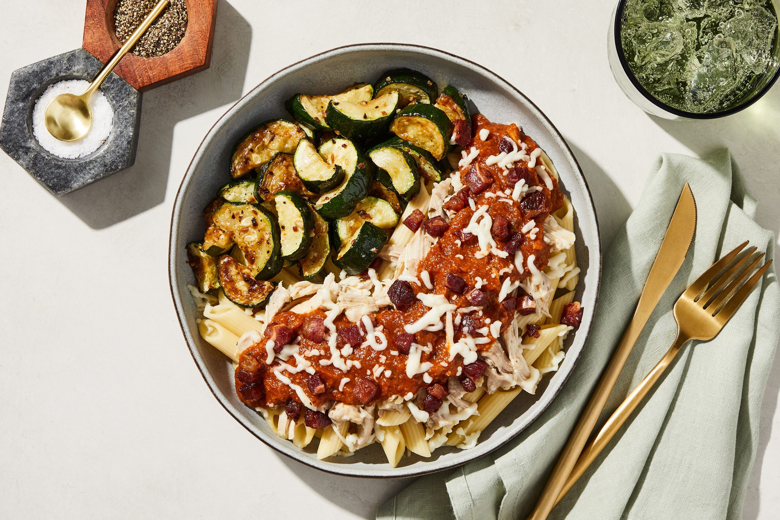 Amatriciana & Chicken Thigh Penne with Bacon, Mozzarella & Toasted-Garlic Zucchini