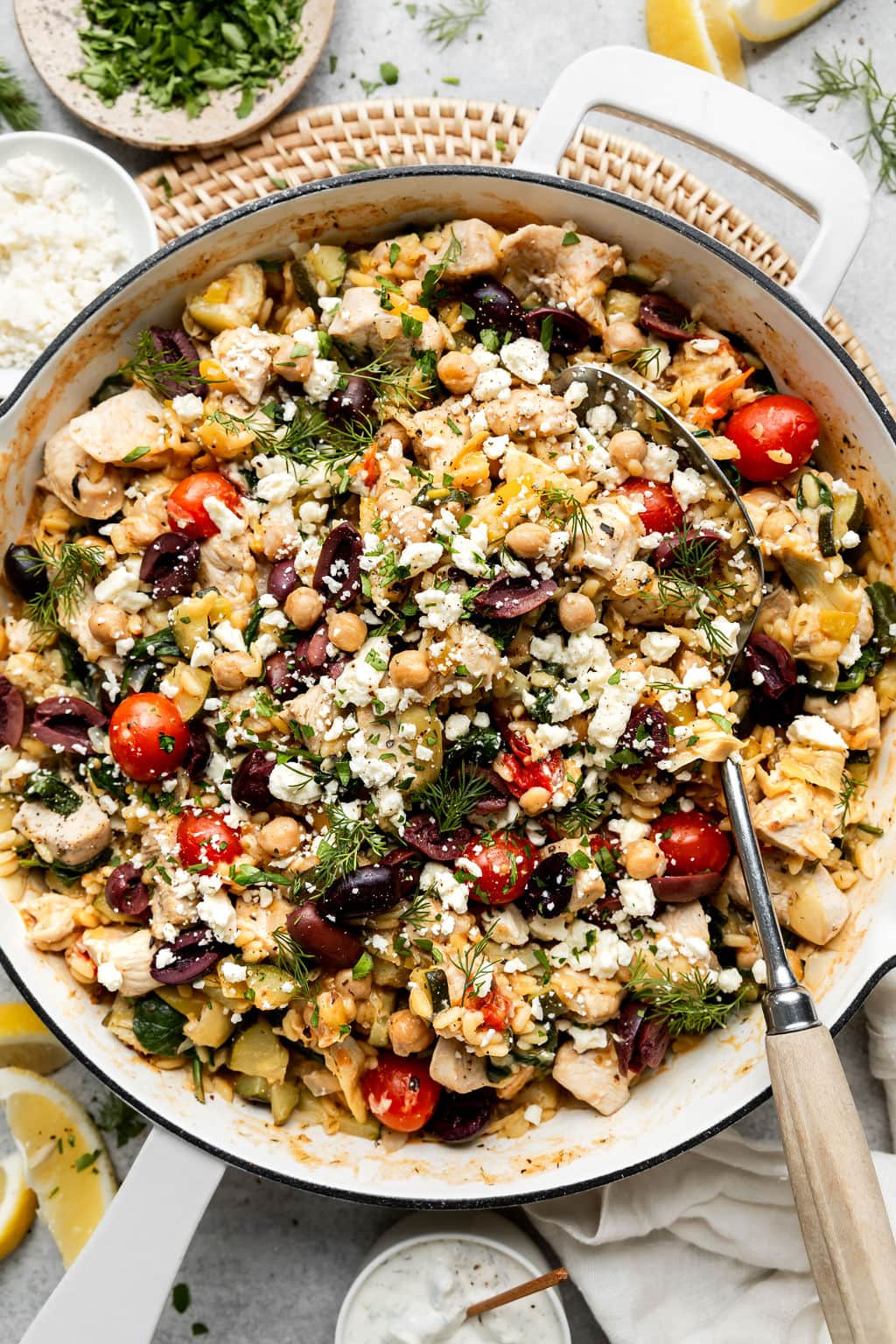 Greek Orzo Skillet with Chicken And Chickpeas