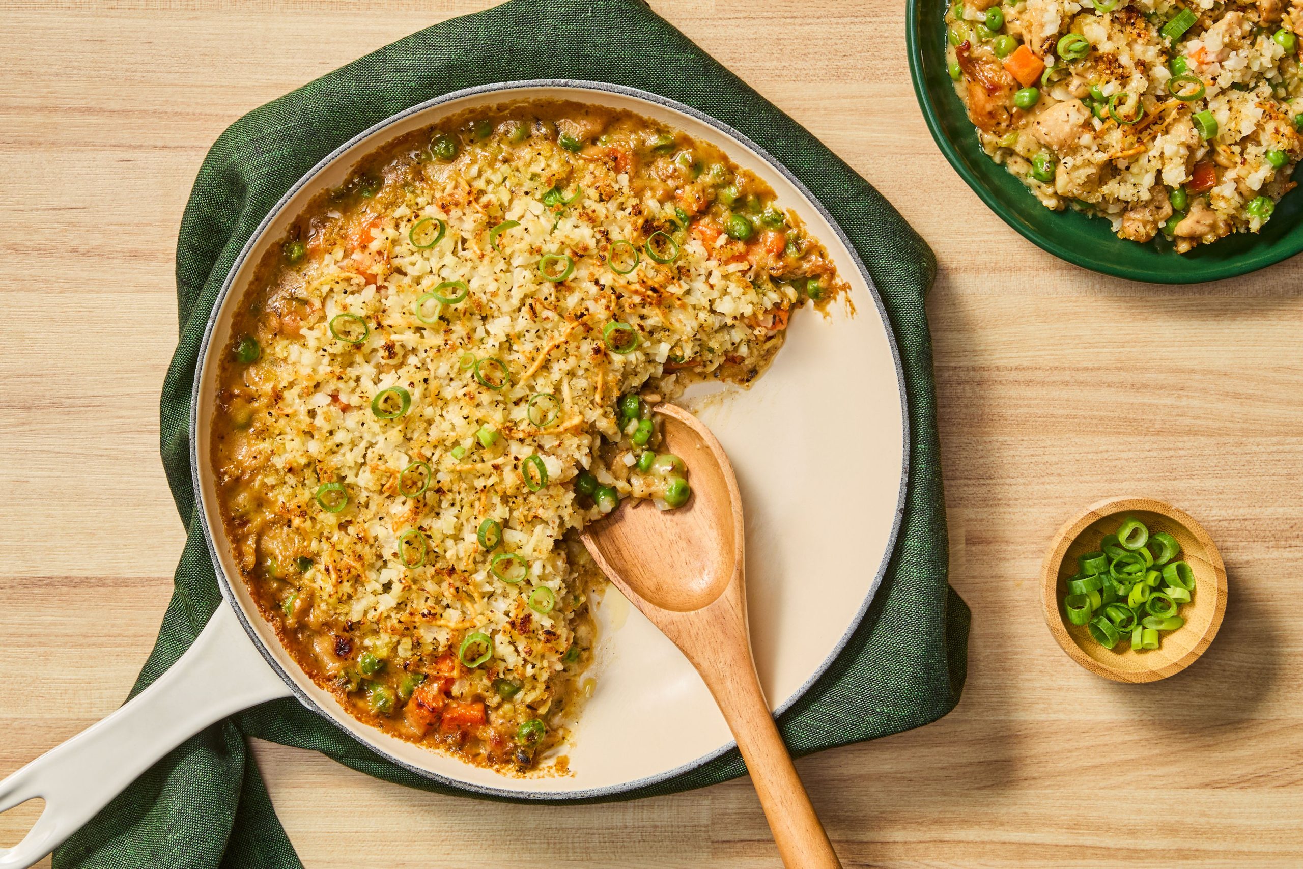 One-Pan Homestyle Creamy Chicken Bake with Chicken Thighs, Peas & Cauliflower-Parm Topping