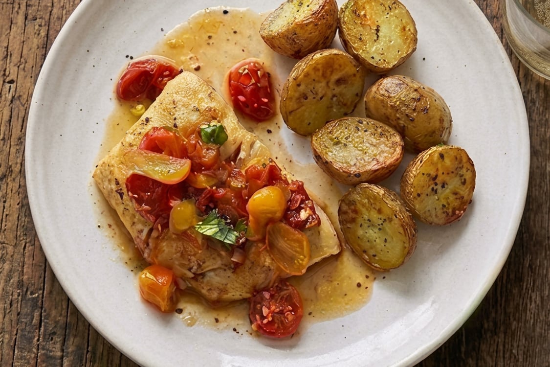 Pan-Seared Halibut with Cherry Tomatoes & Basil