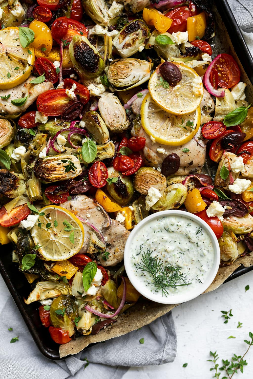 Sheet Pan Greek Chicken and Veggies with Tzatziki Sauce