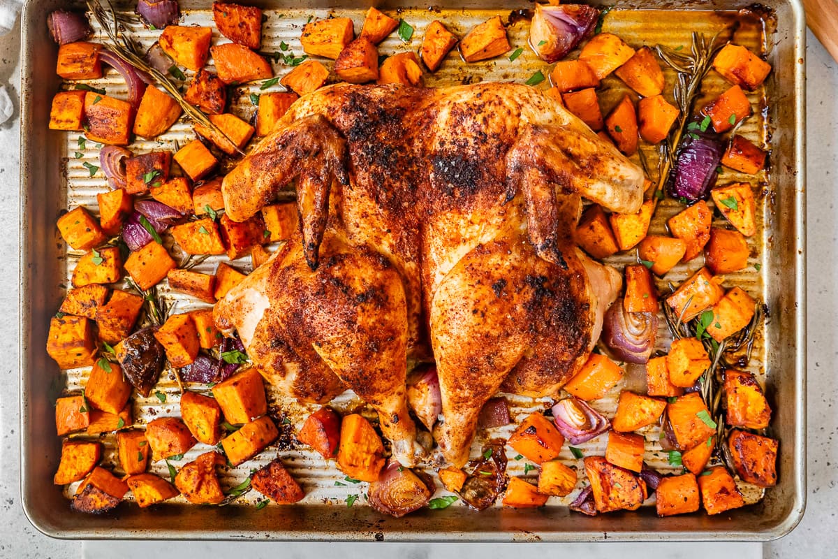 Spatchcock Chicken with Sweet Potatoes