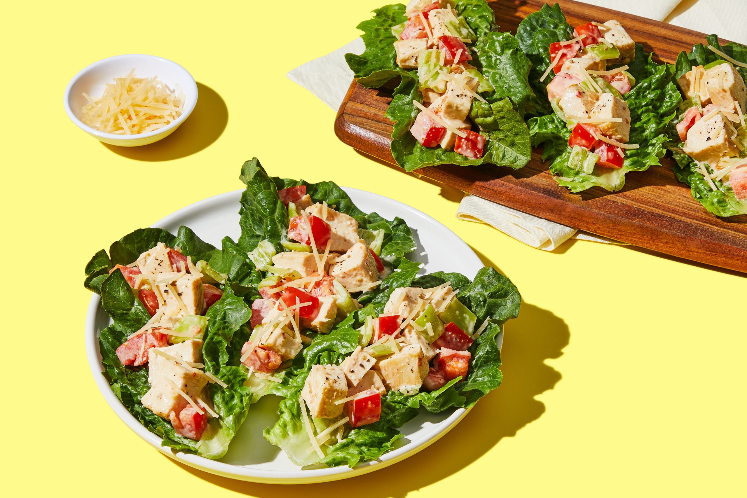 Greek Chicken Salad Lettuce Wraps with Tomato & Parmesan