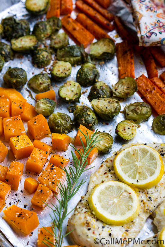 Sheet Pan Roasted Chicken with Butternut Squash, Brussels Sprouts, and Carrots