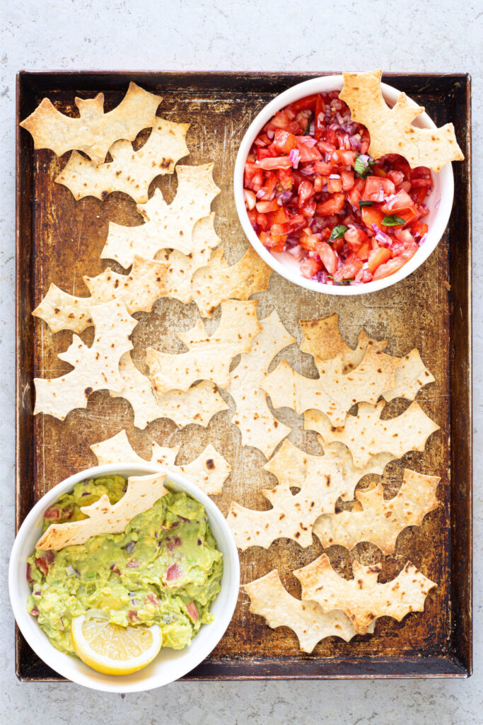 Halloween Bat Chips with Salsa and Guacamole