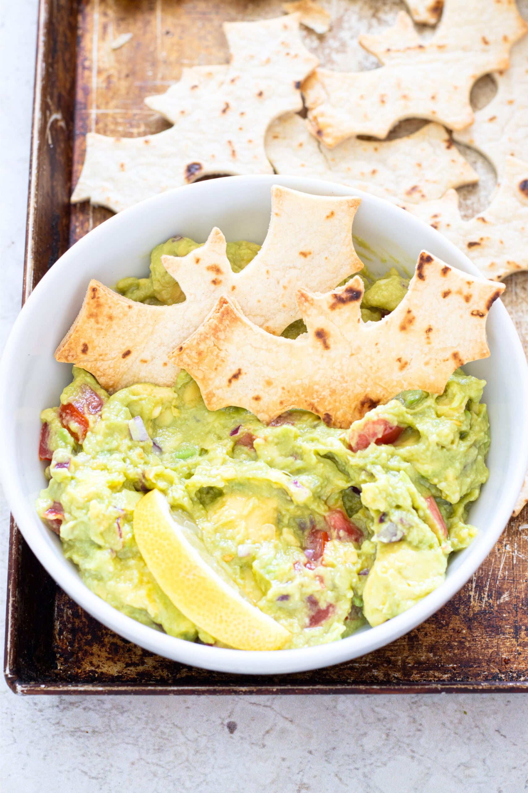 Halloween Bat Chips with Salsa and Guacamole