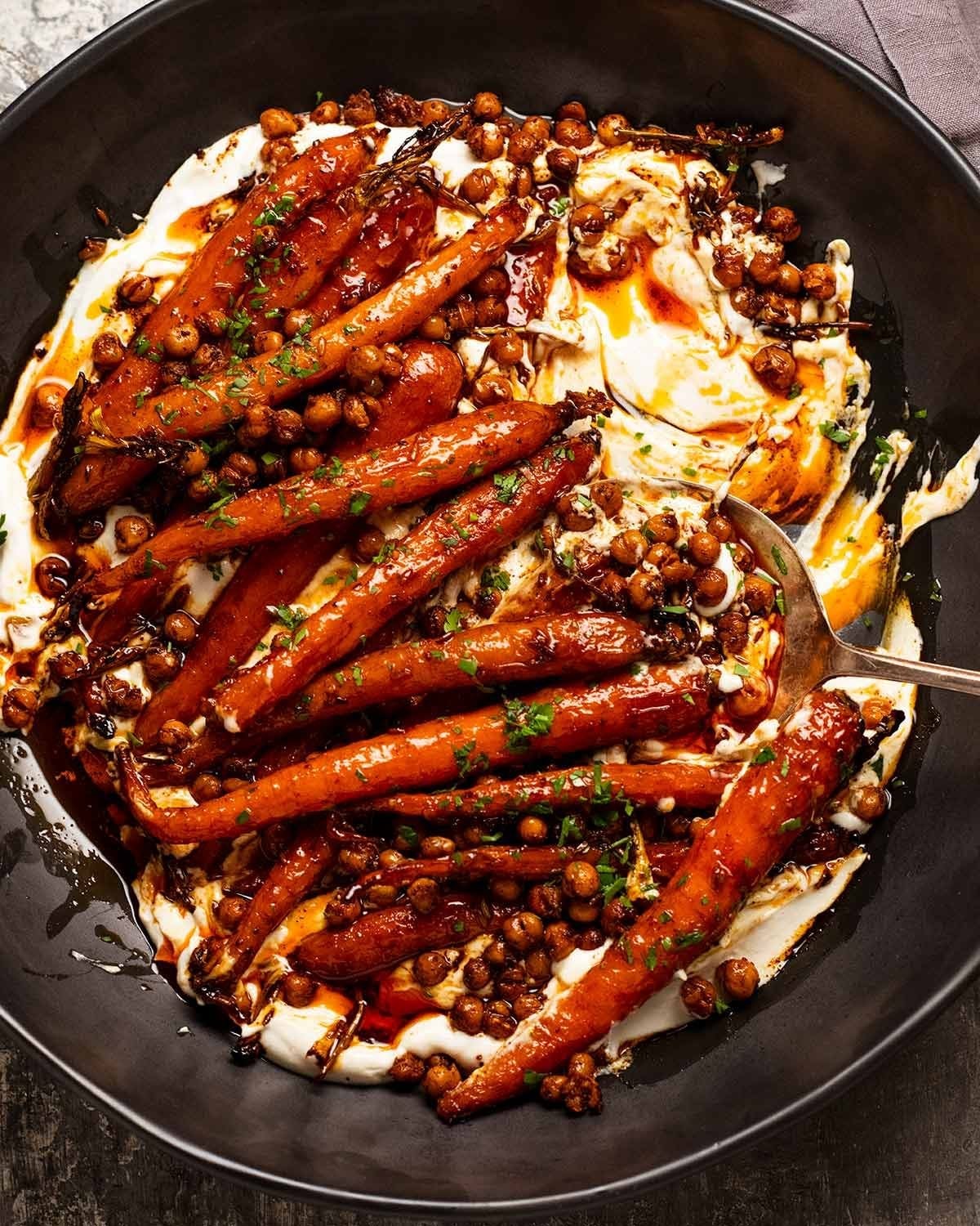 Spicy Maple Roast Carrots with Crispy Chickpeas